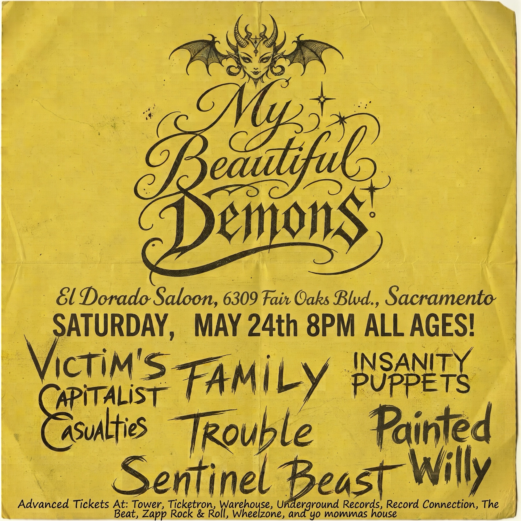 Yellow photocopied flyer for a show at El Dorado Saloon