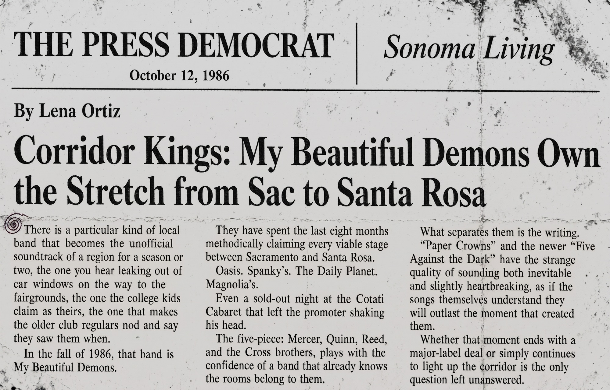 The Press Democrat clipping titled Corridor Kings: My Beautiful Demons Own the Stretch from Sac to Santa Rosa
