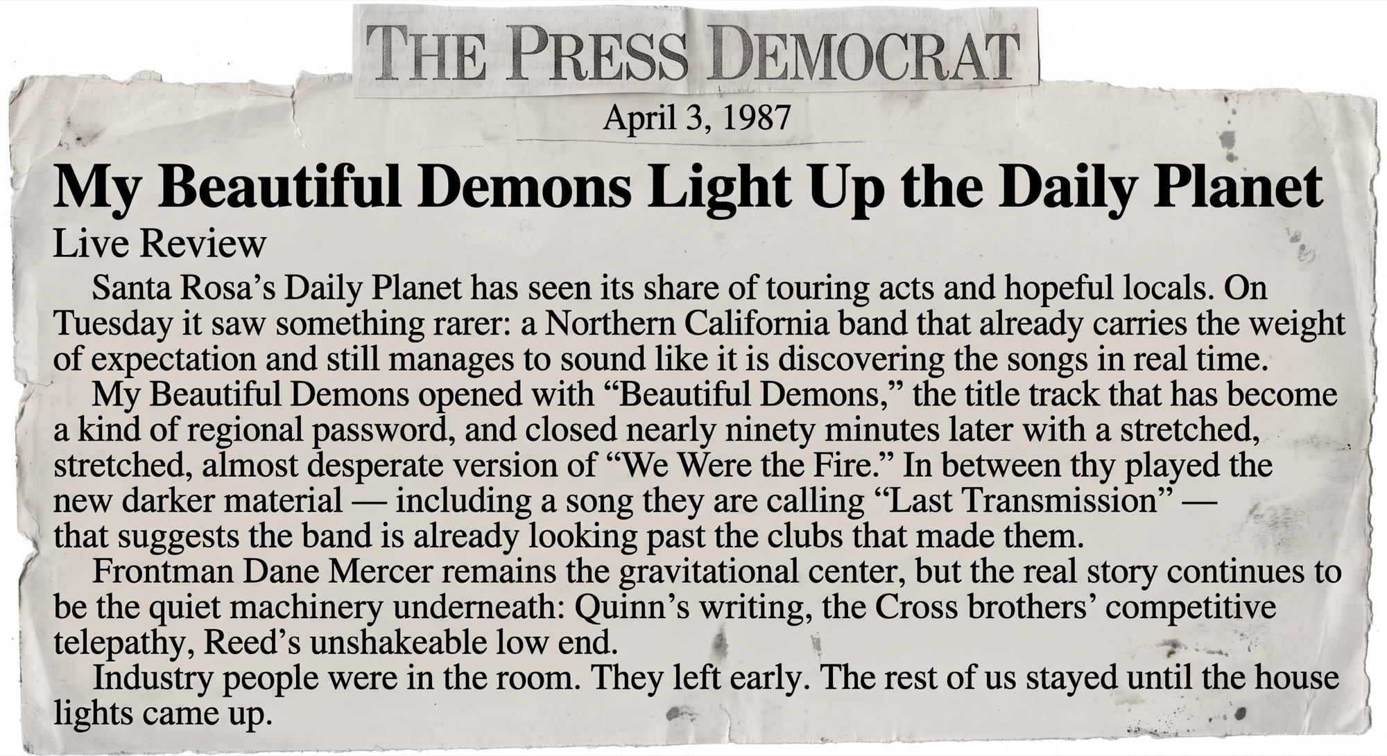 The Press Democrat clipping titled My Beautiful Demons Light Up the Daily Planet