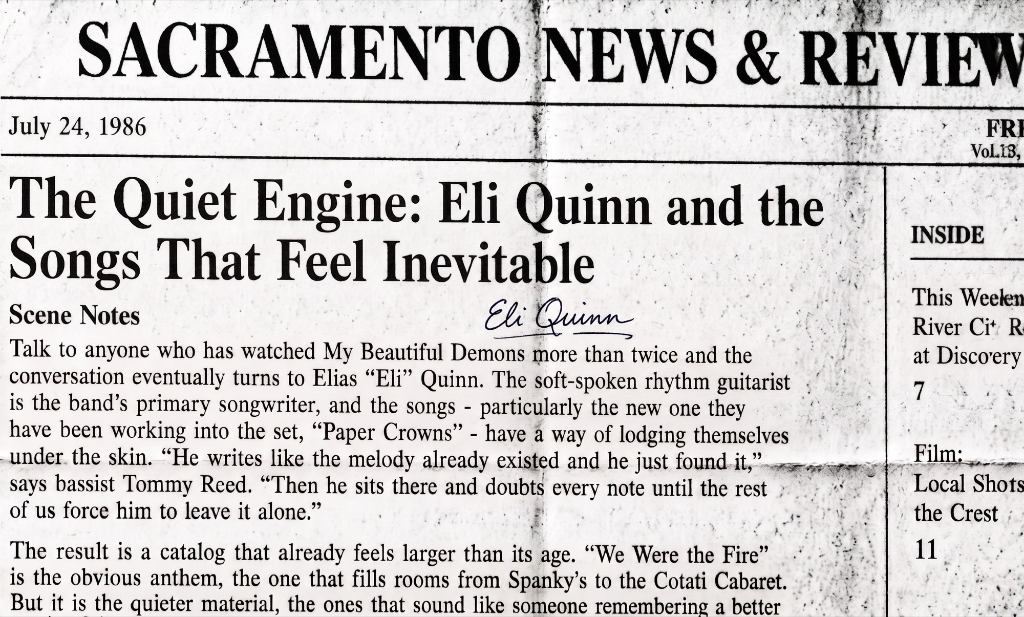 Sacramento News and Review clipping titled The Quiet Engine: Eli Quinn and the Songs That Feel Inevitable